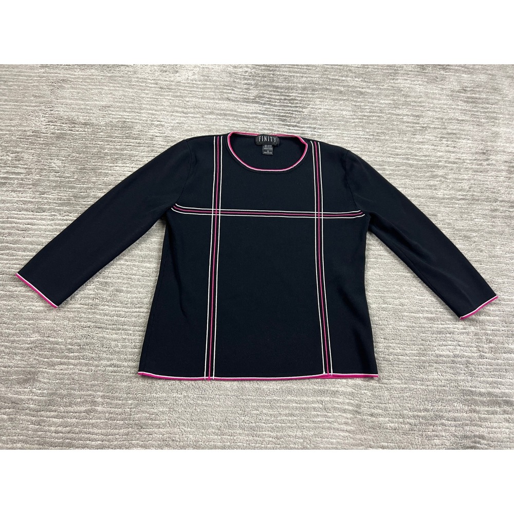 Finity Sweater Women M Black Pink Grid Crew Neck 3/4 Sleeve Modern Contrast Trim